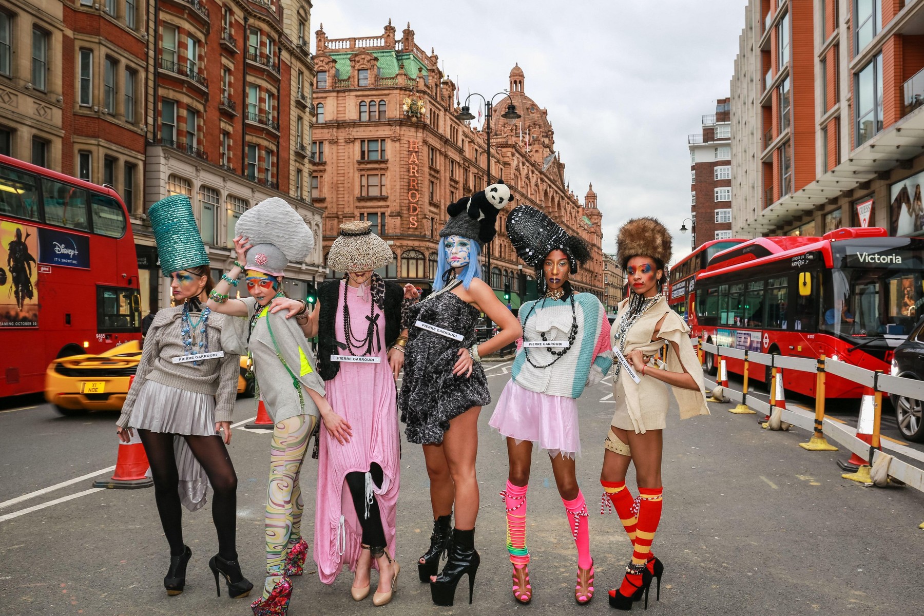 London, UK. 17 October 2020. Models take part in a flashmob fashion show in Knightsbridge for designer Pierre Garroudi. Credit: Waldemar Sikora
