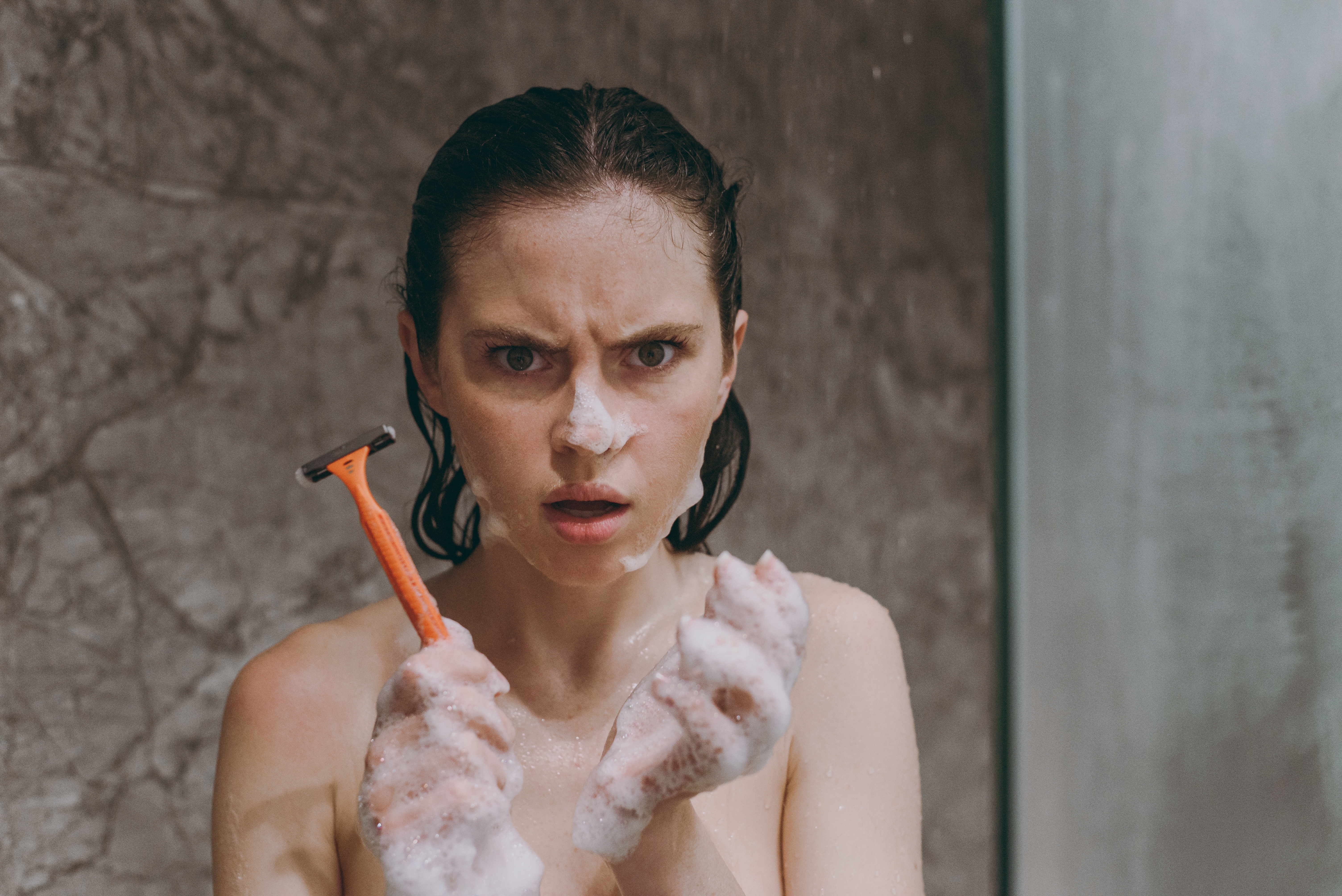 Indignant,Angry,Half,Naked,Topless,Young,Wet,Haired,Woman,20s