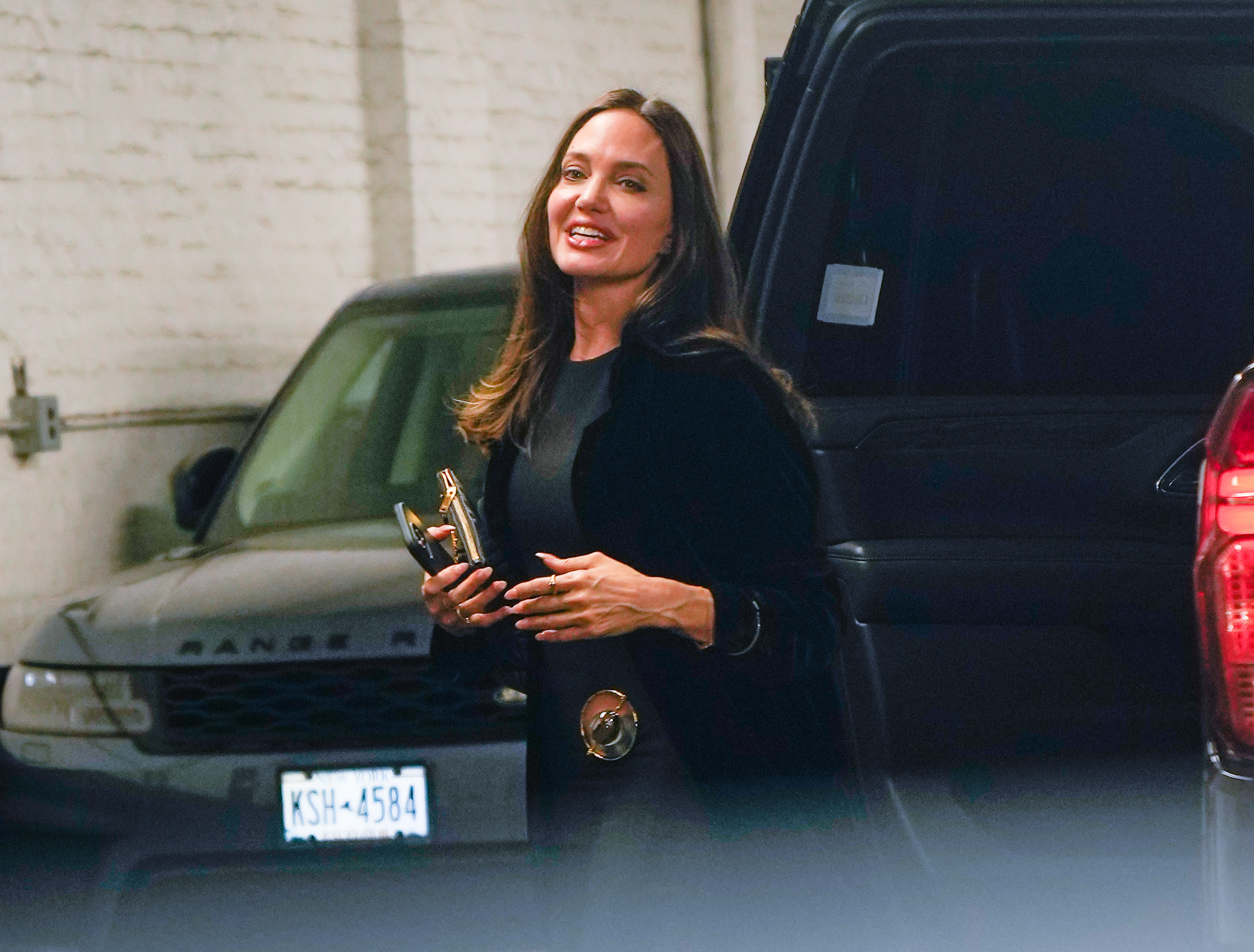 EXCLUSIVE: Angelina Jolie All Smiles Arriving At Her New York City Hotel After Having Dinner