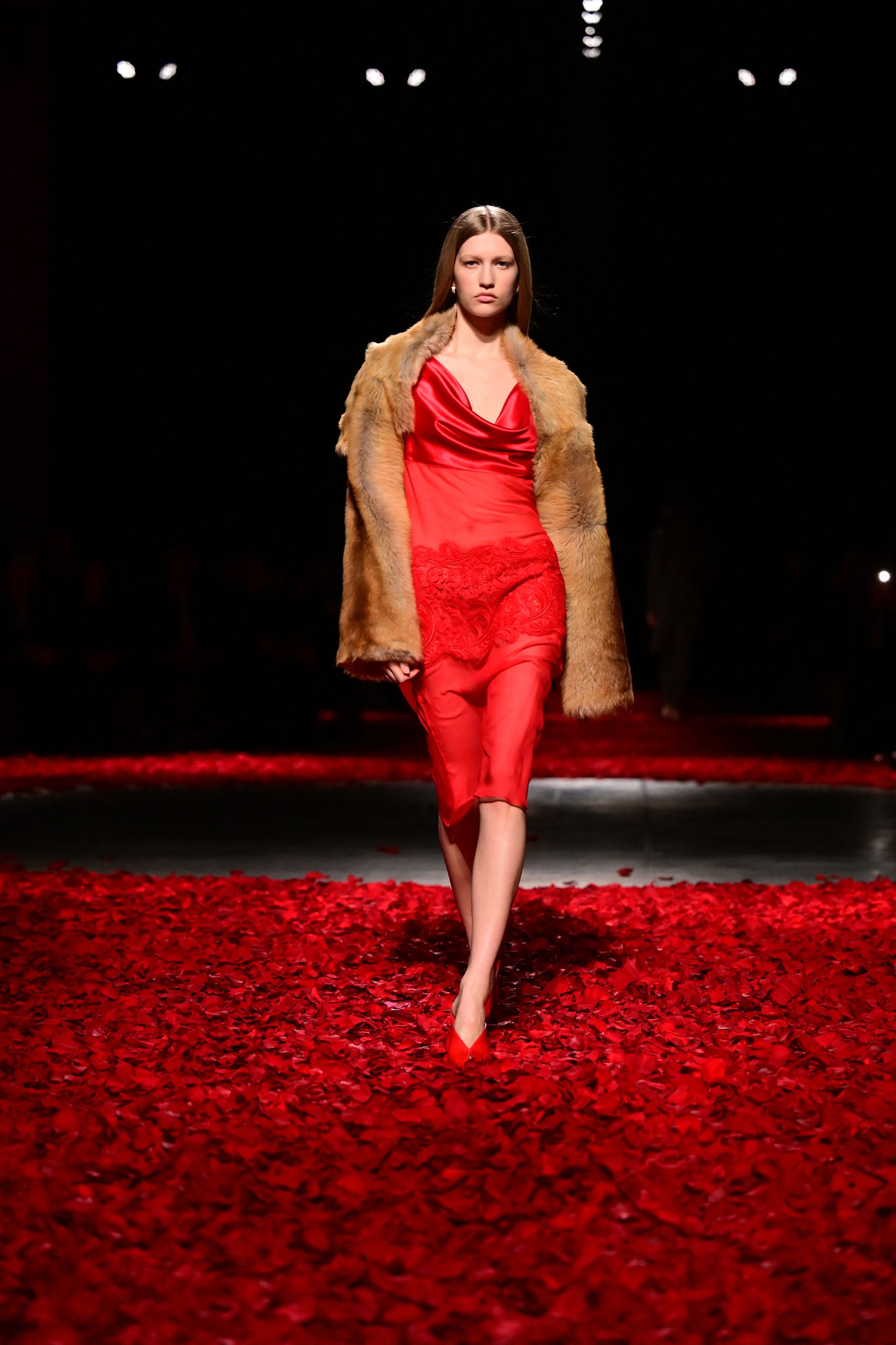A model presents a creation during Ferragamo's fashion show
