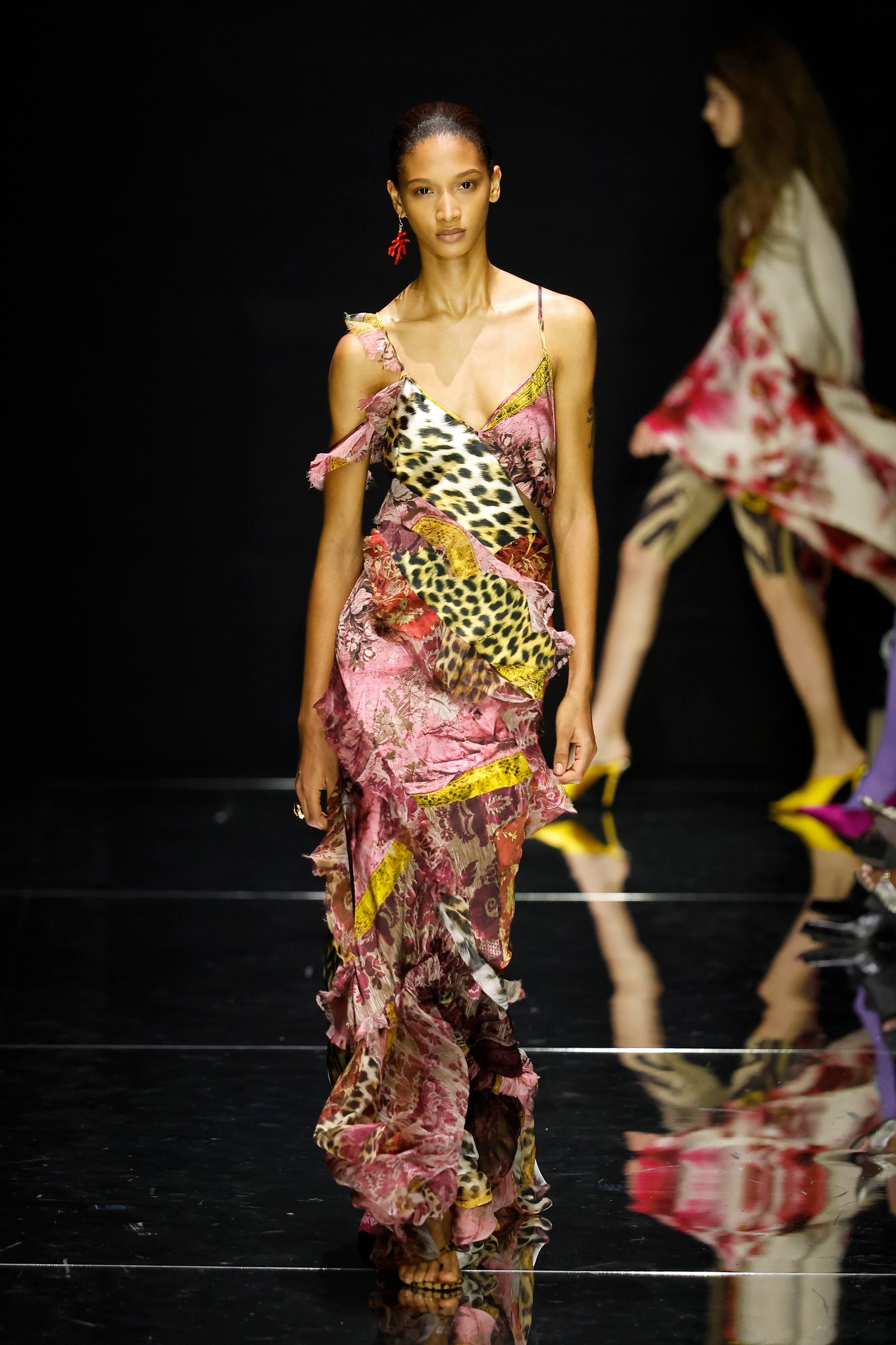 Model on the runway at the Roberto Cavalli fashion show