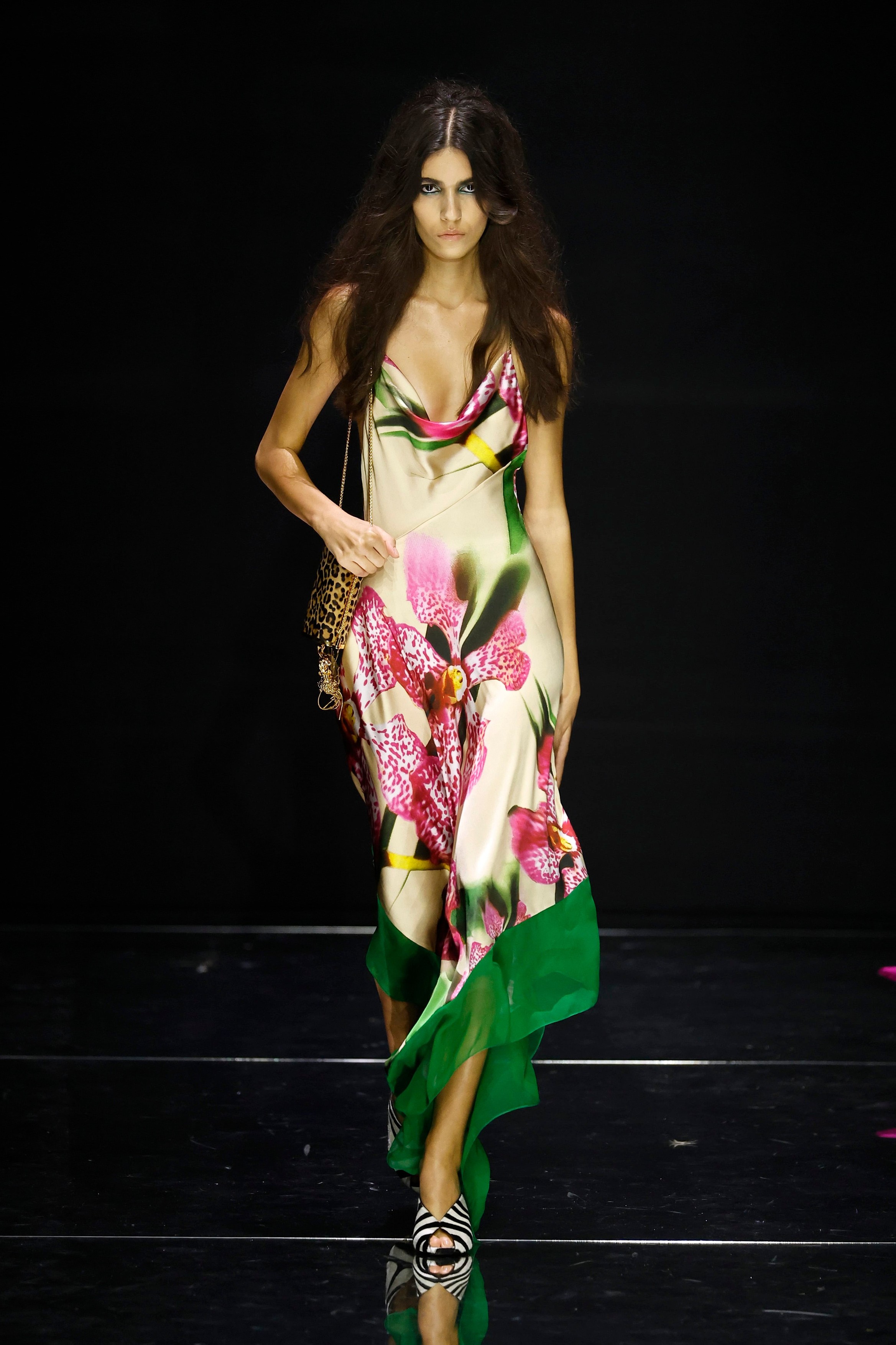 Model on the runway at the Roberto Cavalli fashion show