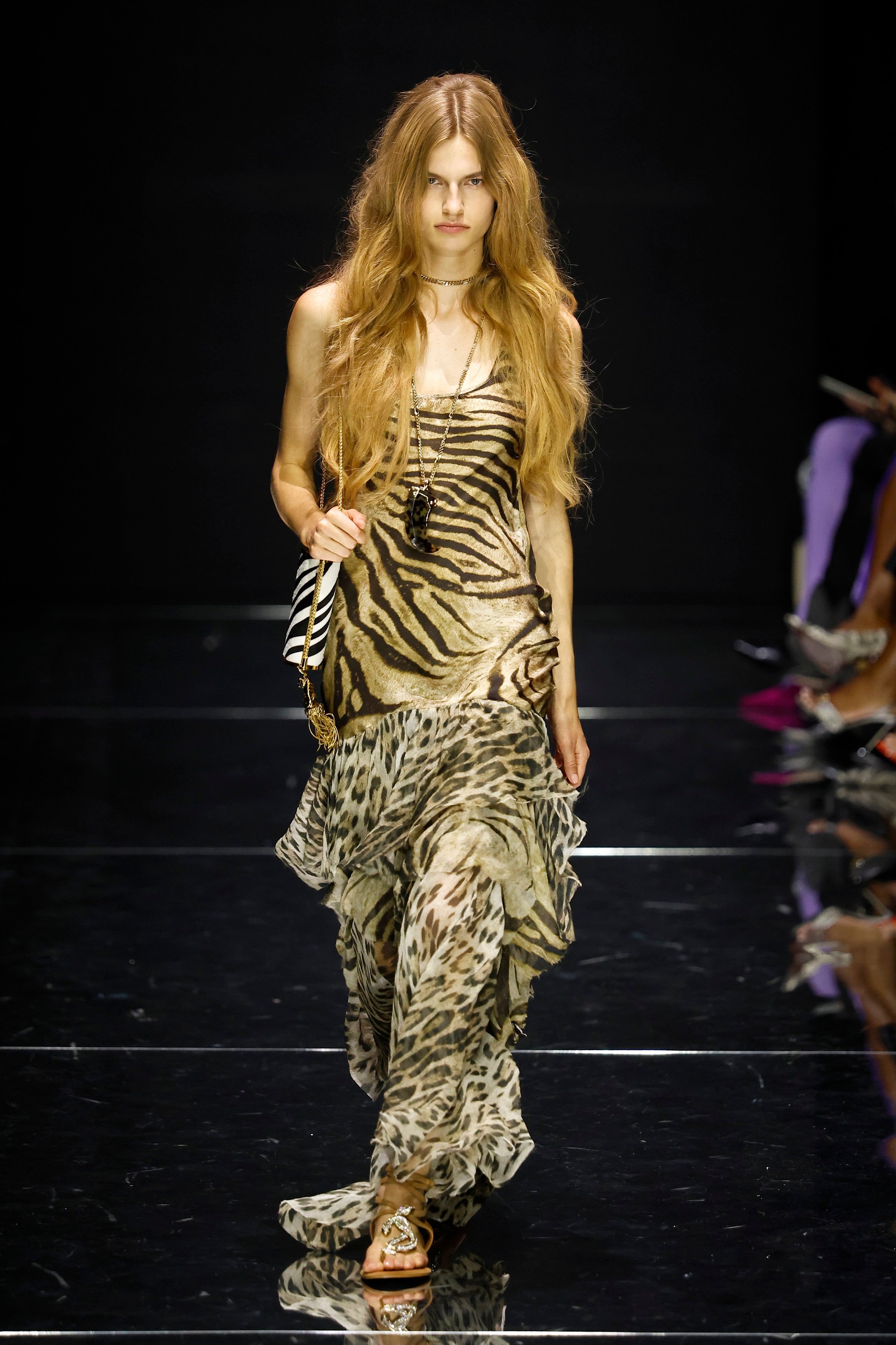 Model on the runway at the Roberto Cavalli fashion show